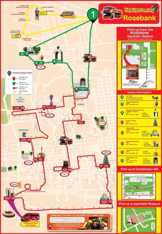 Joanesburgo (Joburg Jozi) Mapa de viagens de ônibus Hop On Hop Off